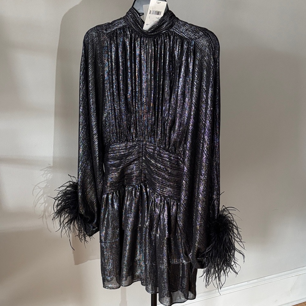 A Loves A Metallic Woven Chiffon Feather Trim Mini Dress. - Picture 3 of 4